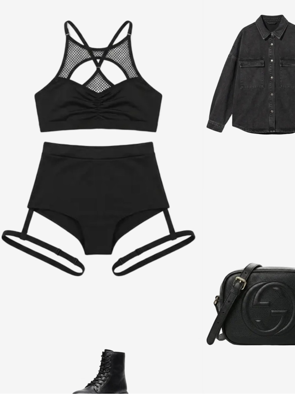 Black Mesh Strappy Bralette & High-Waist Garter Set